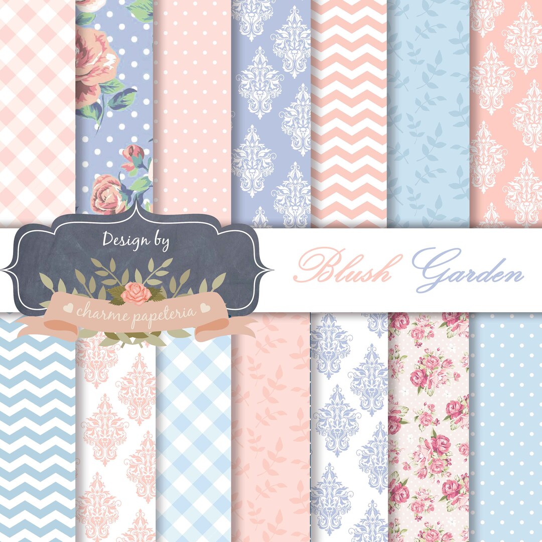 Blue & Blush Shabby Chic Digital Paper, Floral Blush and Blue Paper ...