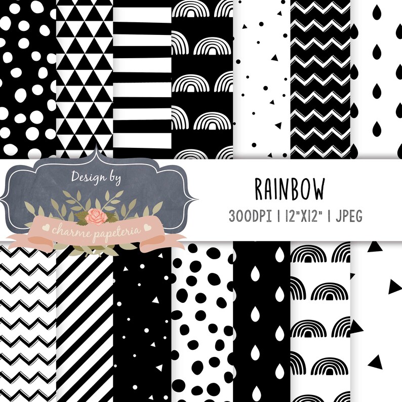 Download Minimalist Paper Geometric Black Rainbow Digital Paper Black And White Digital Paper Scandinavian Digital Paper Paper Party Kids Craft Supplies Tools