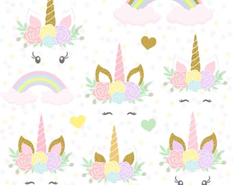Unicorns clipart, Gold Glitter Unicorns, Unicorn head, Unicorn scrapbook, Unicorn clipart, Rainbow clipart, Unicorn Digital Paper Pack