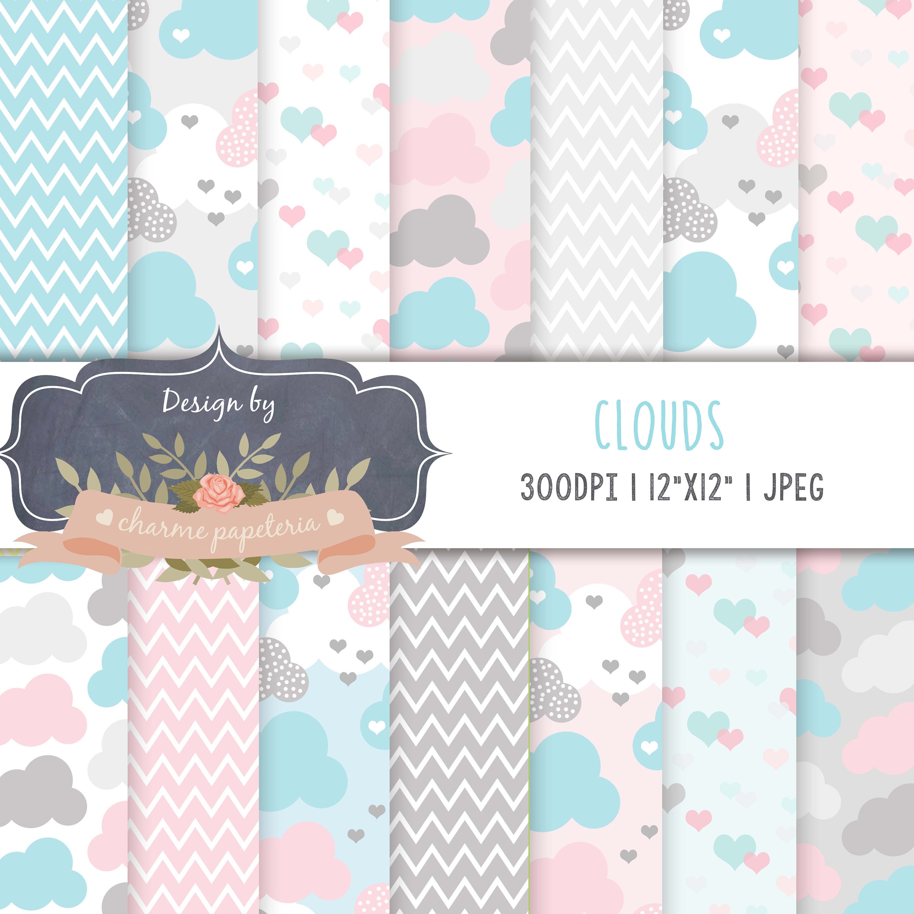 Clouds And Hearts Paper Clouds Digital Paper Pink And Blue Etsy