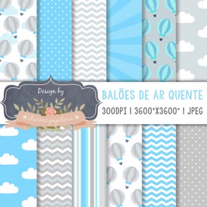 Hot Air Balloons Digital Paper, Hot Air Balloon, hot air balloons gray and blue, grey, blue, balloons digital paper, balloons patterns