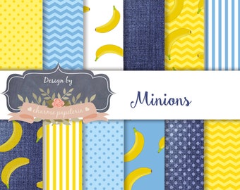 SALE Minions Digital Paper, Chevrons, Stripes, Polka Dots, jeans paper, bananas paper,Minion Scrapbooking Paper, jeans pattern