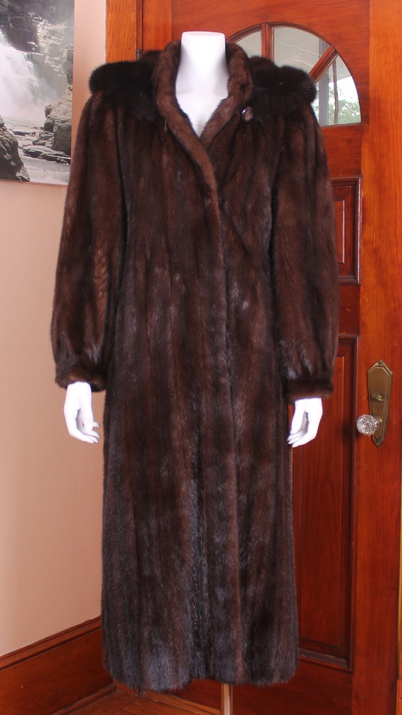 David Green Brown Mink Hooded Fox Fur Trim Coat
