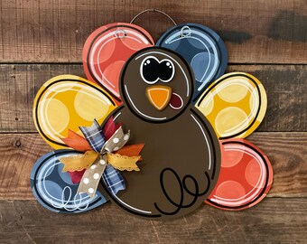 Colorful Turkey Door Hanger, Thanksgiving Porch Decor, Hand Painted Fall Turkey Sign, Autumn Front Door Decoration, Gobble Gobble Wreath Alt