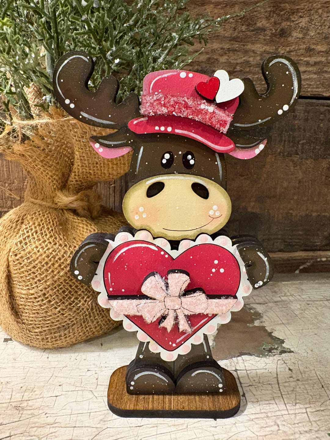 Valentine Moose Decor, Valentine Moose Figurine, Wooden Moose Heart ...