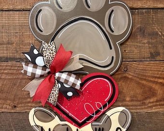 Dog Paw Print SVG Door Hanger, Live Love Woof Sign SVG, Pet Themed Door Hanger Template, Dog Bone Heart Paw Cut File