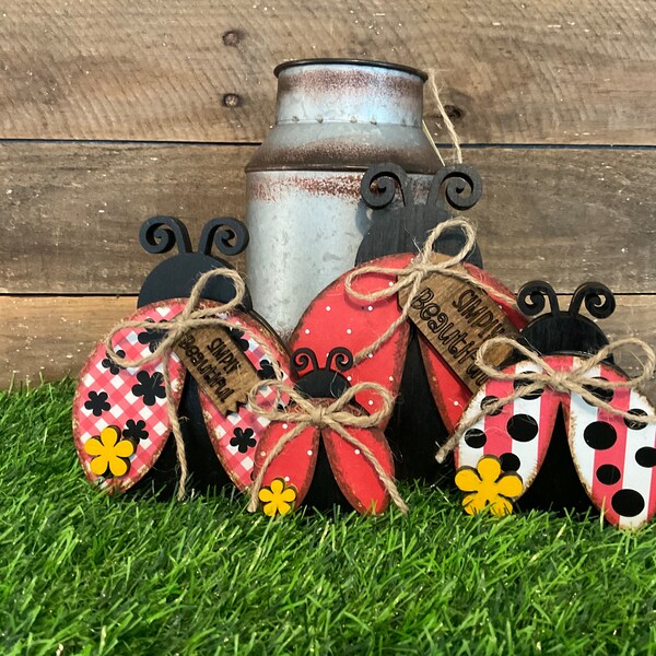 Polka-Dot Chunky Ladybug Shelf Sitter, Spring Ladybug Tiered tray Decorations, Summer Lady Bug Flower Home Wood Decor, Mother's Day Gift