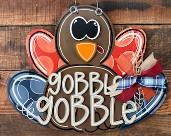 Gobble Gobble Turkey Door Hanger, Thanksgiving Turkey Sign, Fall Porch Decor, Rustic Autumn Door Sign, Cute Turkey Wall Hanging