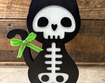 Skeleton Cat Halloween Decoration, Spooky Black Cat Decor, Wooden Skeleton Cat, Gothic Fall Tiered Tray Decor, Creepy Cute Home Accent