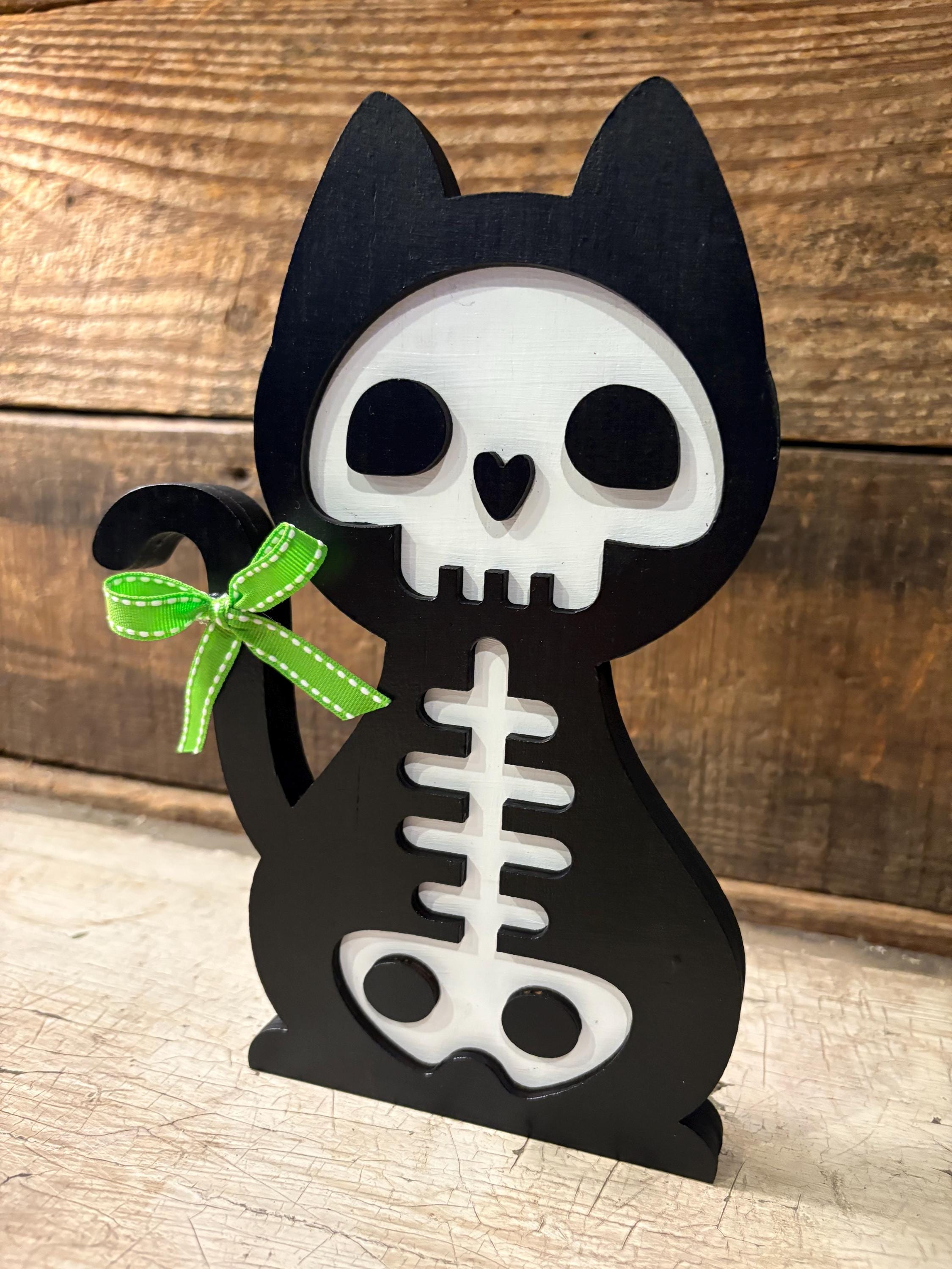 Skeleton Cat Halloween Decoration, Spooky Black Cat Decor, Wooden