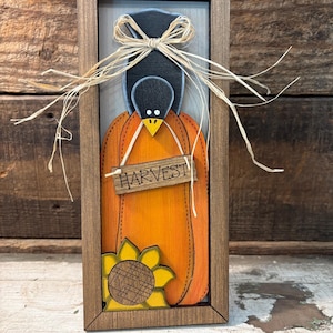 Harvest Crow Sign, Fall Wood Block Decor, Rustic Autumn Shelf Sitter, Thanksgiving Tiered Tray Sign, Sunflower Crow Decor