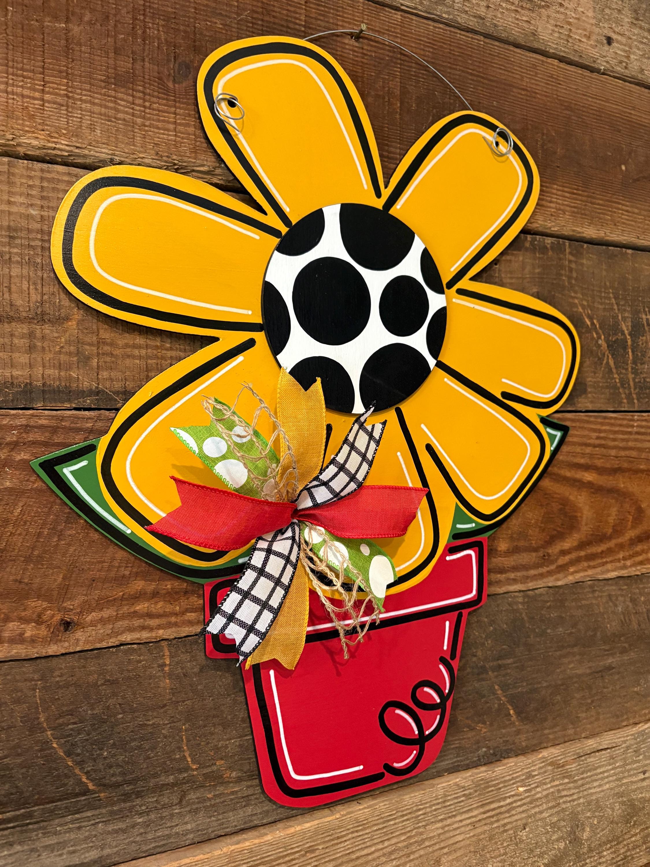 Sunflower Door Hanger, Summer Flower Pot Sign, Yellow Flower Porch ...
