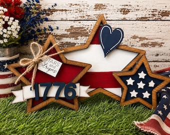 Patriotic Star Shelf Sitter Set, 4th of July Decor, Americana Wood Stars, Independence Day Table Decor