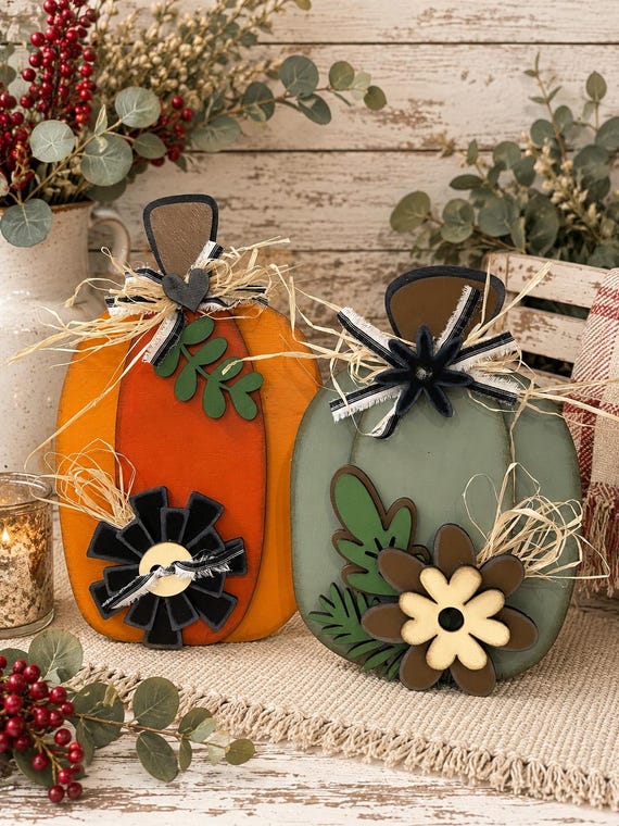 Rustic Pumpkin Shelf Sitters, Fall Pumpkin Decor Set, Green and Orange Pumpkins, Autumn Table Decor, Tiered Tray Fall Pumpkins