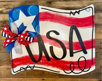 Patriotic USA Door Hanger, 4th of July Door Sign, Red White Blue Wreath, American Flag Door Decor, Memorial Day Porch Sign