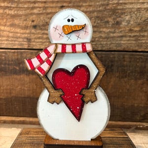 Snowman Love Shelf Sitter, Rustic Heart Snowman Sign Decor, Hand Painted Wood Snowman, Pink and Red Scarf Winter Decor, Valentine Snowman
