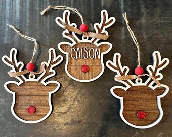 Rudolph Reindeer Ornament with Red Nose, Rustic Wood Reindeer Christmas Tree Decor, Farmhouse Holiday Ornament, Personalized Ornament
