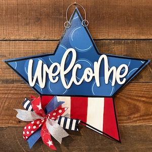 Patriotic Star Welcome SVG, Fourth of July Door Hanger SVG File, Red White Blue Door Sign Template, 4th of July Cricut Laser Cut File