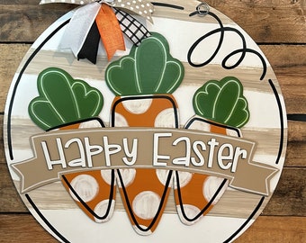 Download digitale, appendino rotondo per porta con carota e striscione, cartello di buona Pasqua, decorazioni pasquali, appendino per porta con carota in formato SVG, Pasqua in stile fattoria
