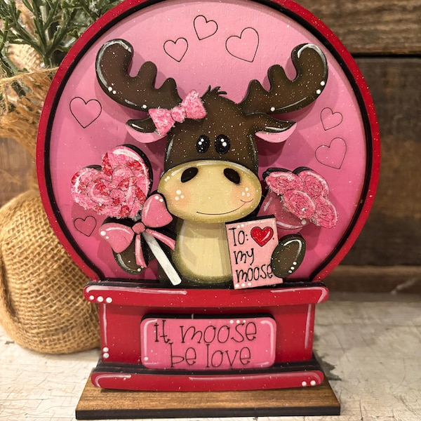 Moose Valentine Decor, Moose Snow Globe Set, Valentine Tiered Tray Decor, Cute Moose Gift, Love Decor, Winter Tabletop Decor