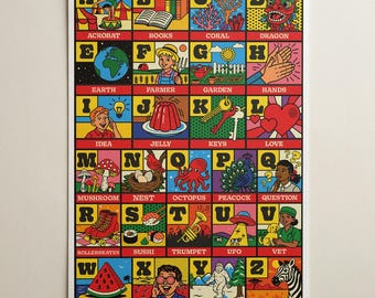 Children's Alphabet Print – Colourful Retro Illustrated A2 Poster (Giclée Print)