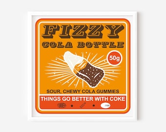 Fizzy Cola Bottle Screen Print | 6x6" Limited Edition | Retro Pick n Mix Art | Silkscreen Print | Candy Kitchen Wall Art | Signed & Numbered