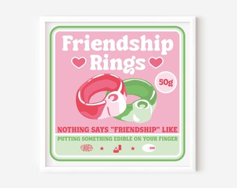 Friendship Rings Screen Print | 6x6" Limited Edition | Retro Pick n Mix Art | Nostalgia | Best Friend | Candy Wall Art | Love | Ring