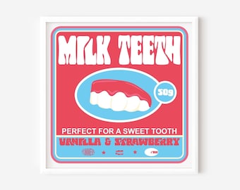 Milk Teeth Screen Print | 6x6" Limited Edition | Retro Pick n Mix Art | Hand-Pulled Silkscreen | Candy Nostalgia Wall Art |Signed & Numbered