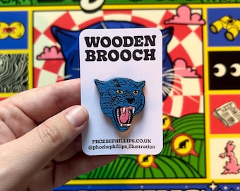 Wooden Big Cat Brooch — Hand-Painted Laser Cut Pin | Folklore “Big Cat Sighting” | Illustrated Wooden Badge