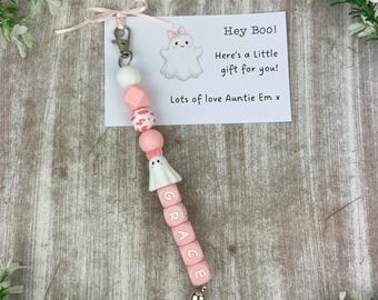 Personalized Ghost Keychain: Beaded Halloween Keyring with Tassel