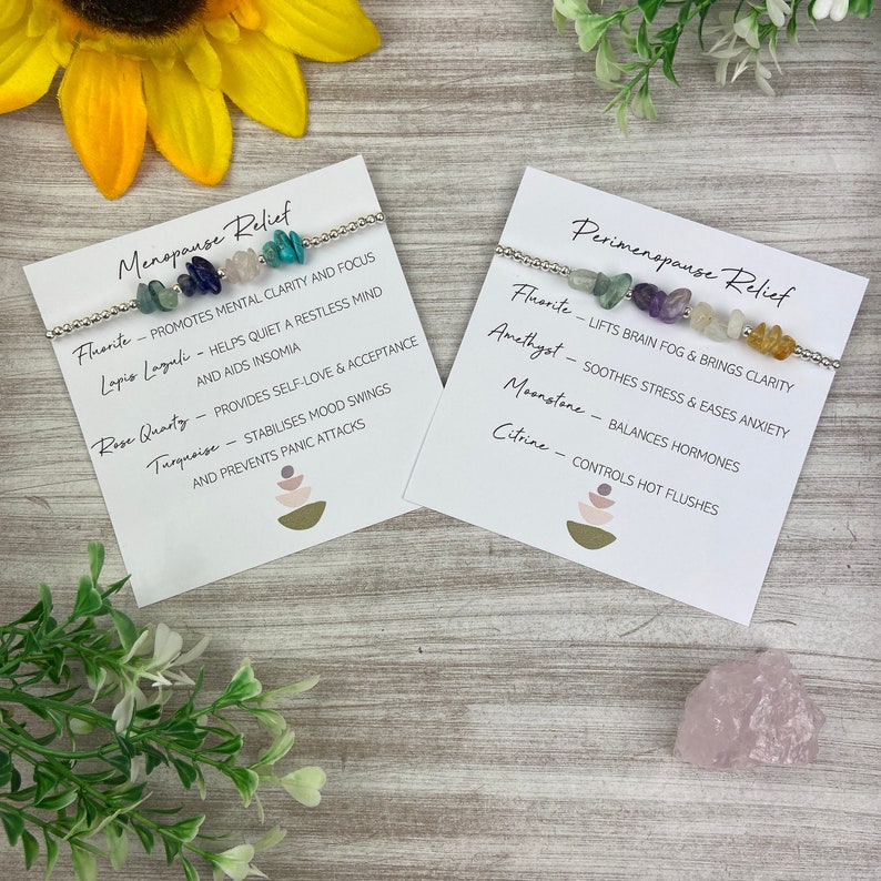 May include: Two bracelets with different colored gemstones and silver beads. The bracelets are labeled "Menopause Relief" and "Perimenopause Relief" with a list of the gemstones and their benefits.