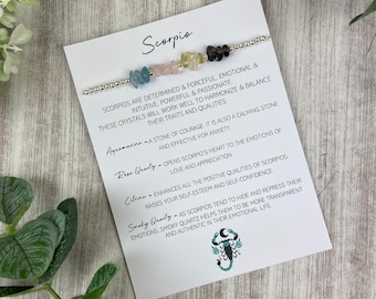 Scorpio Crystal Bracelet, Zodiac Crystals, Zodiac Gift, Gemstone Chips Beaded Bracelet, Crystal Gift, Birthstone Crystal, Zodiac Signs