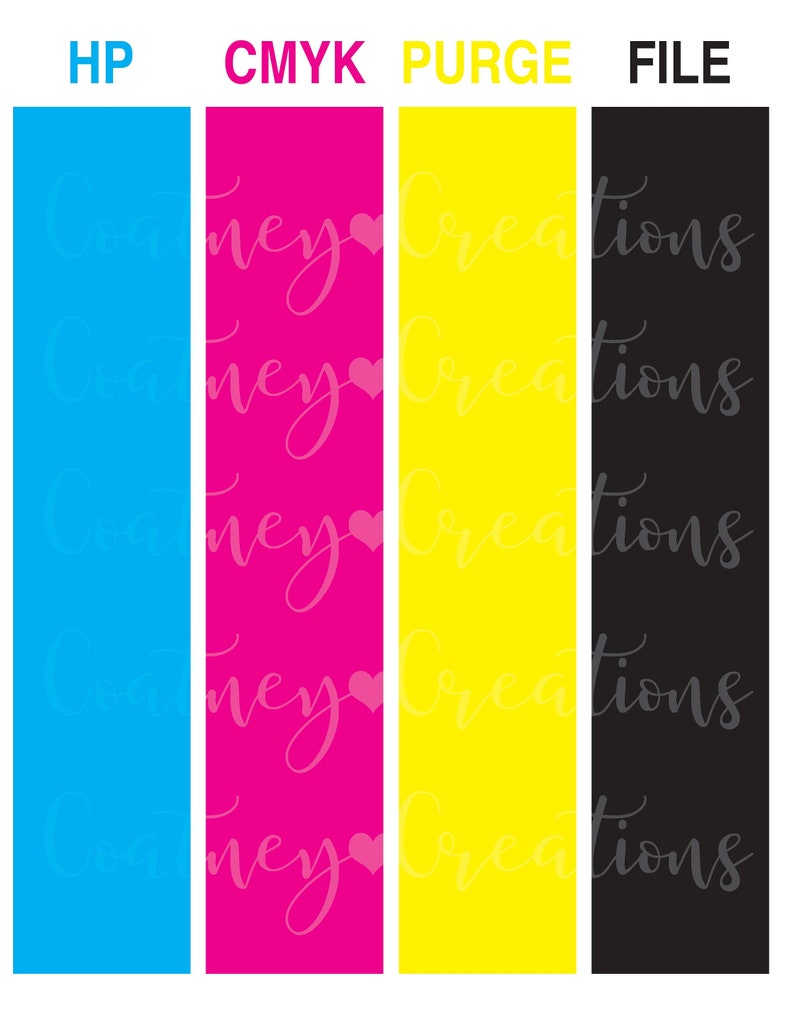 May include: A graphic design with four vertical rectangles in blue, magenta, yellow, and black. The rectangles are labelled "HP", "CMYK", "PURGE", and "FILE". Each coloured rectangle has the text "Coartney Creations" repeated.