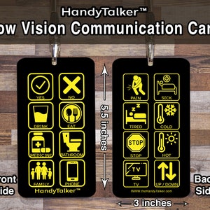HandyTalker® - Low vision communicatiekaart met hoog contrast voor basisbehoeften! Draagbaar ac-apparaat, waterdicht, fotocommunicatiebord.