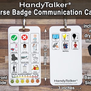 HandyTalker® - ミニドライイレースマーカー付きナースバッジリールコミュニケーションカード！AACポータブルデバイス、防水、画像コミュニケーションボード