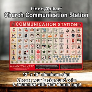 May include: A red and white communication board with pictures and words for people with communication difficulties. The board is labeled "HandyTalker® Church Communication Station". The board is 12 inches by 18 inches and made of aluminum.
