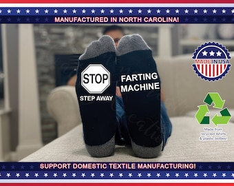 Stop, Step away farting machine funny socks! Funny stocking stuffer socks!