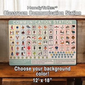 May include: A communication board with colorful pictures and symbols for use in a classroom. The board is 12 inches by 18 inches and has the words "Communication Station" at the top.