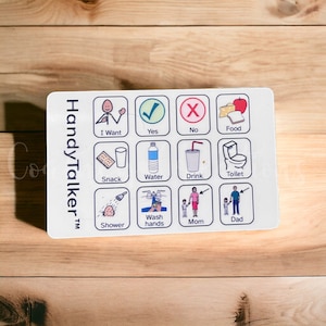 HandyTalker®-portemonneeformaat, kaart voor basisbehoeften. Help je non-verbale dierbaren te communiceren! Draagbaar AAC-apparaat, beeldcommunicatiekaart.