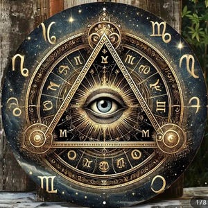 Segno in metallo con occhio degli Illuminati e segno zodiacale in stile vintage, arte murale rotonda in alluminio da 20 cm con design occulto
