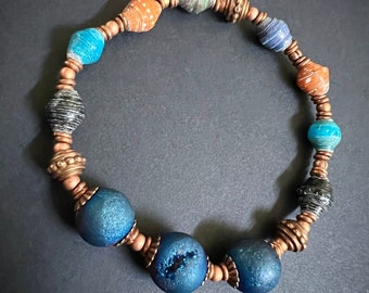 Blue Druzy and Copper Stretch Bracelet with Paper Beads