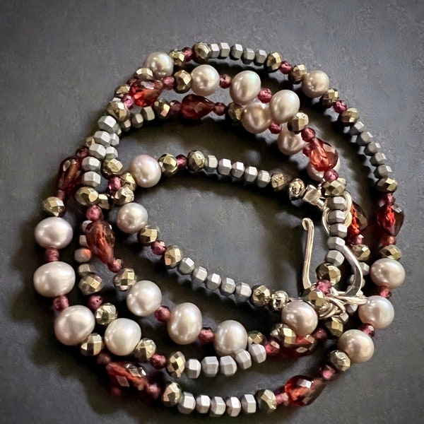 Handmade Garnet, Pearl and Silver Beaded Necklace | Gemstone Necklace