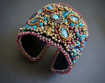 Bead Embroidered Statement Cuff with Gemstones | Beaded Gemstone Bracelet