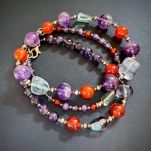 Gemstone Stack Bracelets - Amethyst, Red Agate & Fluorite with Bronze Accents