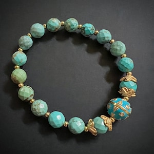 Handmade Turquoise Beaded Stretch Bracelet: Pave Diamond Enamel Bead