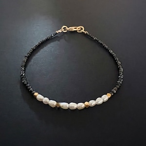 Black Spinel, Freshwater Pearl and Gold Vermeil Minimalist Bracelet