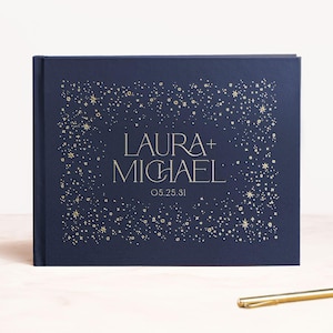 Wedding Guest Book Stars Guestbook Galaxy Space Album for Wedding Sign In Book Navy Guestbook Gold Foil Lined Pages | Design: Starry Night