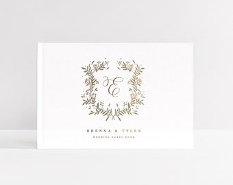 Wedding Guest Book | White Guest Book | Hardcover Guestbook Rose Gold Foil | Bridal Shower | Wedding Sign In Book | Design: Floral Crest