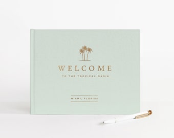 Vacation Rental Guest Book | Hotel Sign In Book | Ocean Beach House Seaside | Housewarming Gift Idea | Airbnb, VRBO, Inn | Design: Palm Tree