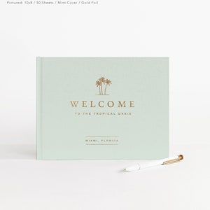 Vacation Rental Guest Book | Hotel Sign In Book | Ocean Beach House Seaside | Housewarming Gift Idea | Airbnb, VRBO, Inn | Design: Palm Tree